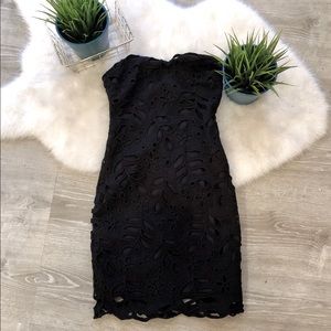 Black Floral Lace Strapless Bodycon Dress - XS